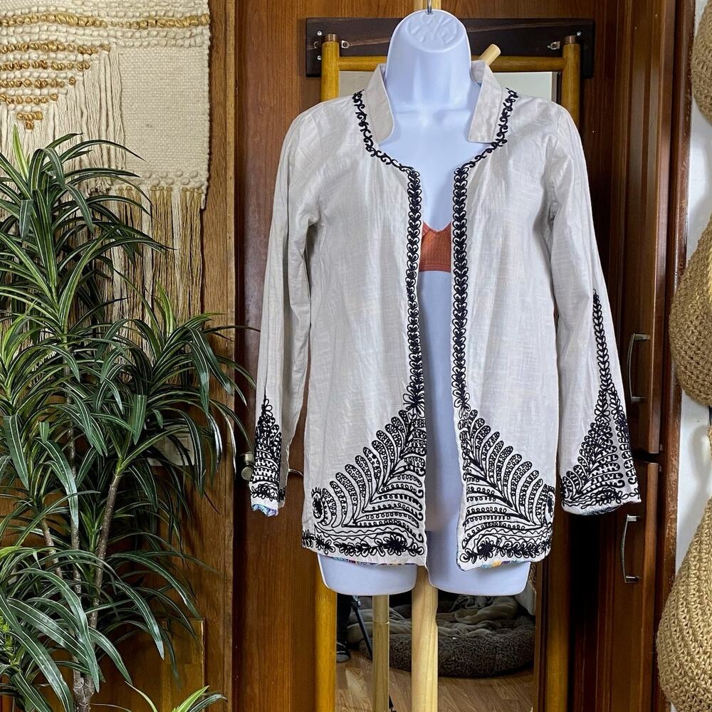 Embroidered Open Front Jacket Womens 8 Ivory Black Boho Lightweight Floral Lined